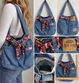 Old Navy Blue Jeans Denim Shoulder Bag Y2K Upcycled Jean Purse Scarf Belt